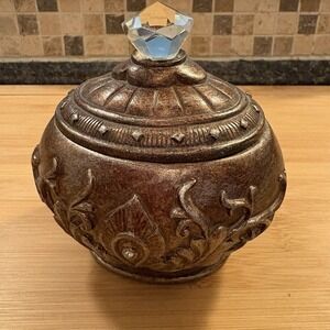 Ornate Bombay Decorative Jar With Lid & Crystal Knob & Accents Brown Leaf Design